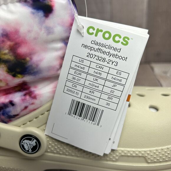 Crocs Classic Lined Neo Puff Tie Dye Boot Pull On Women's Size 6 Bone Beige Pink - Picture 13 of 13